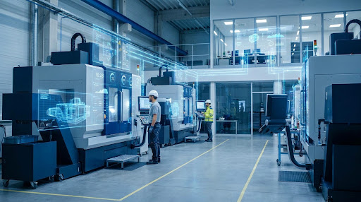 Factory floor with digital overlay